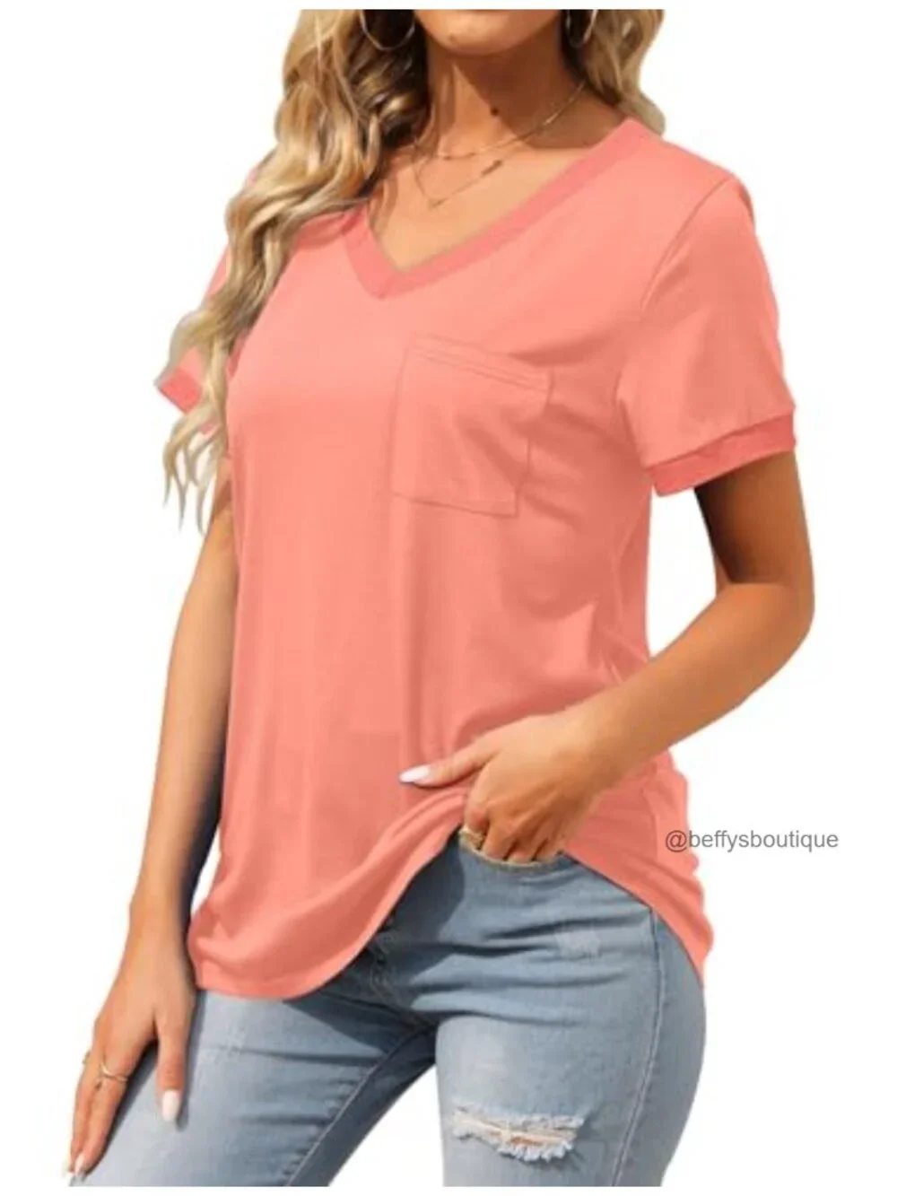 Women's V-Neck Short Sleeve T-Shirt with Pocket, Loose Fit, Stretchy, Casual